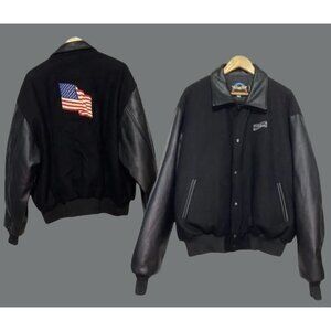Vintage Hard Rock Cafe Black Varsity Jacket USA Flag Back Wool & Leather – Made
